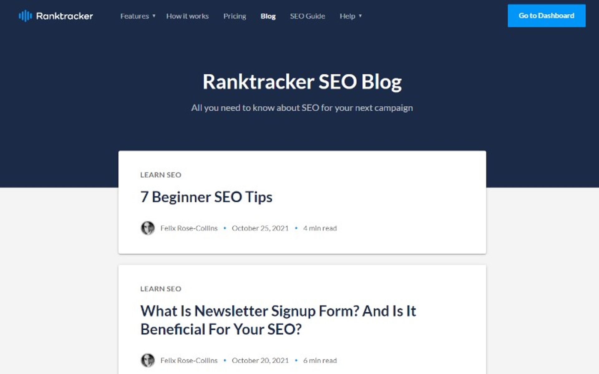Ranktracker blog listing page