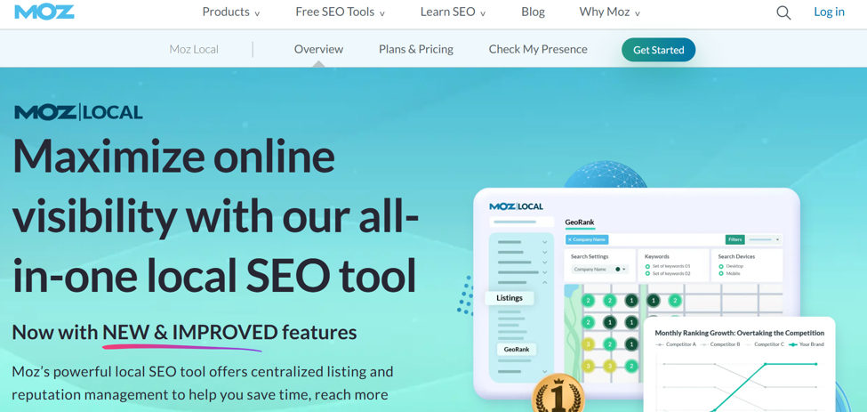 The image is a Moz Local landing page banner promoting its “all-in-one local SEO tool,” featuring the headline “Maximize online visibility with our all-in-one local SEO tool