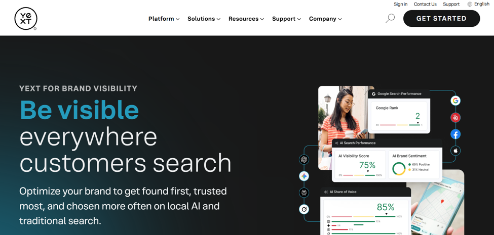 This image shows Yext homepage for managing listings, local pages, reviews, and social presence across multiple locations