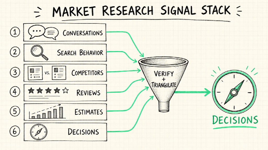 A reliable research system turns several imperfect signals into one reviewable decision trail.