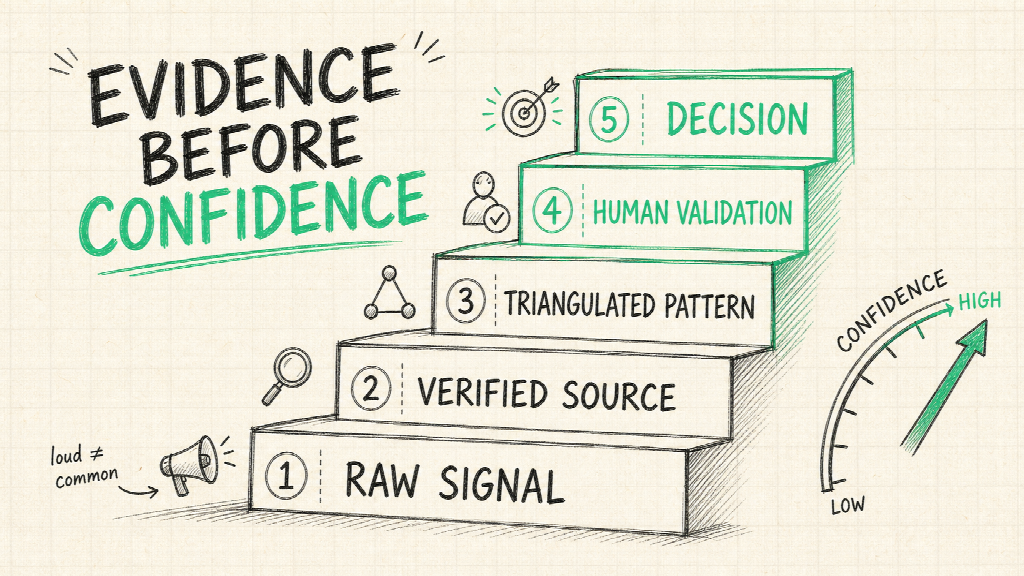 Confidence should rise only when evidence is verified, triangulated, and checked with people close to the market.