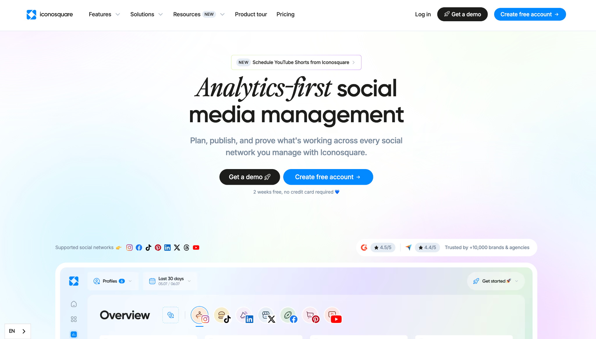 Iconosquare homepage showing analytics-first social media management positioning