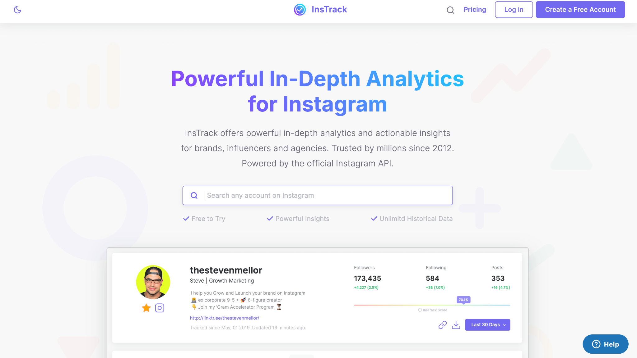 InsTrack homepage showing Instagram analytics and a sample account dashboard.