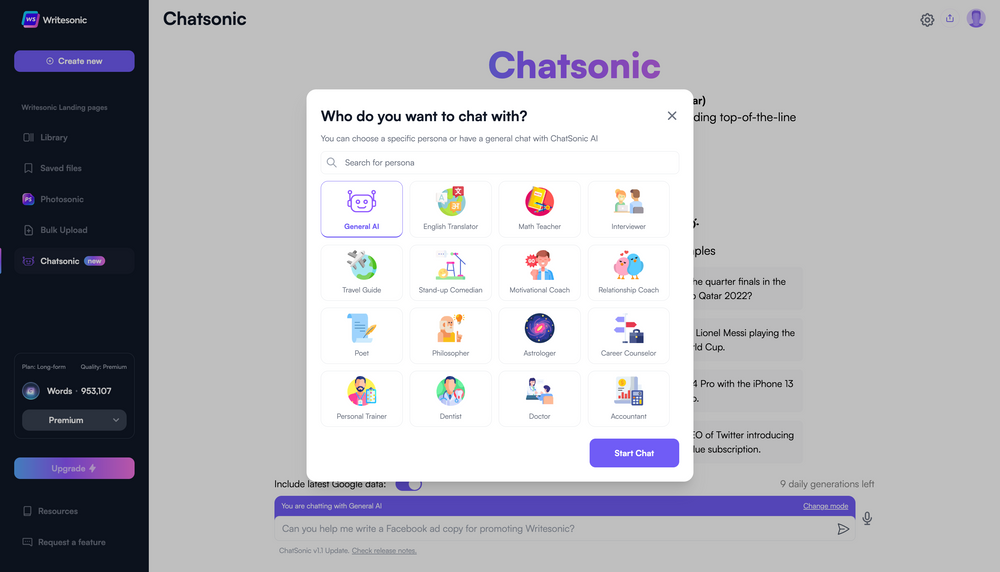 ChatSonic’s **persona mode** allows you to select the persona you wish to interact with