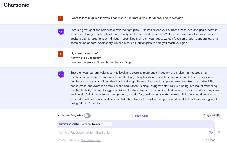 Switch to ‘personal trainer’ mode on Chatsonic and generate a workout plan