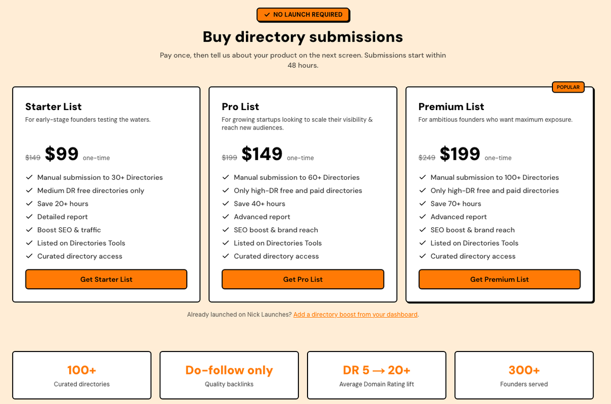 Pricing tiers on nicklaunches.com/directory-submission-service/.