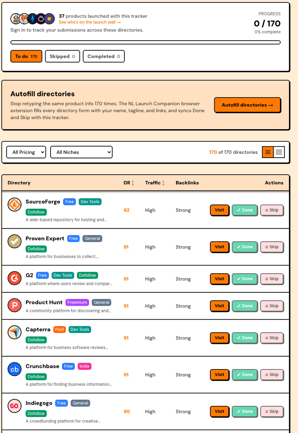 The free catalog at nicklaunches.com/tools/launch-directories/, showing per-directory DR, traffic, link type and submission tracking.
