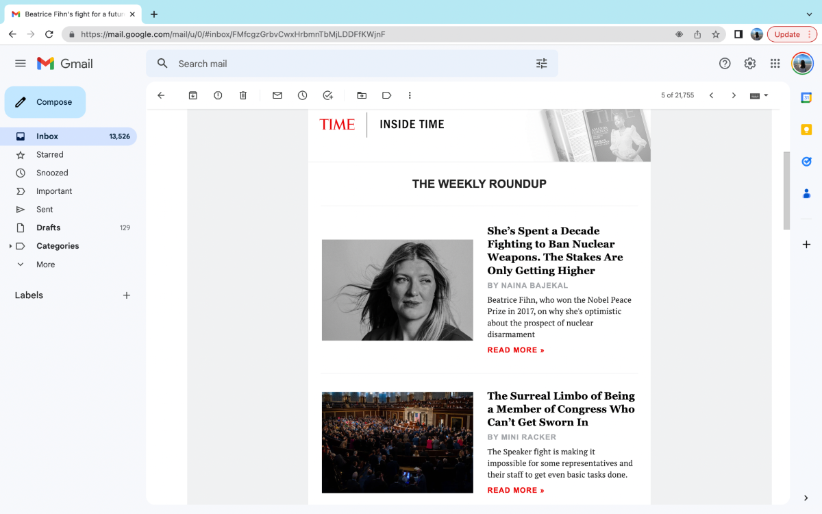 Example of a Weekly Roundup email from Time