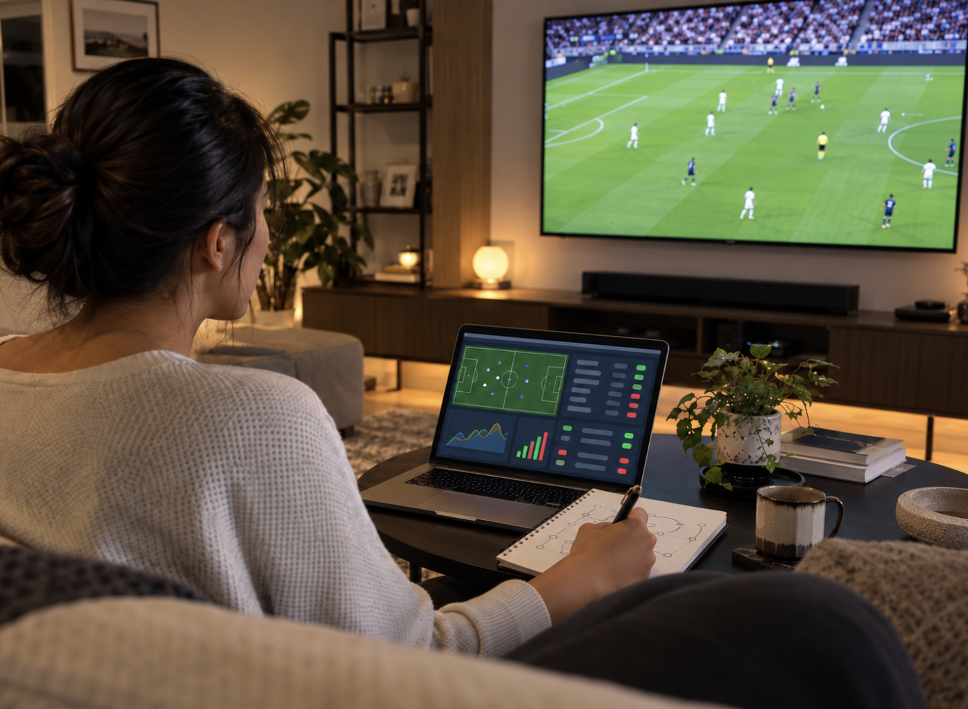 Woman watching a football match on TV while checking betting data on her laptop and taking notes.