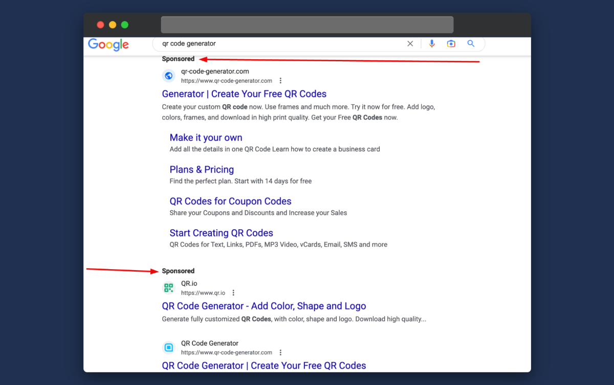 Screenshot of a Google search results page for the term “QR code generator”