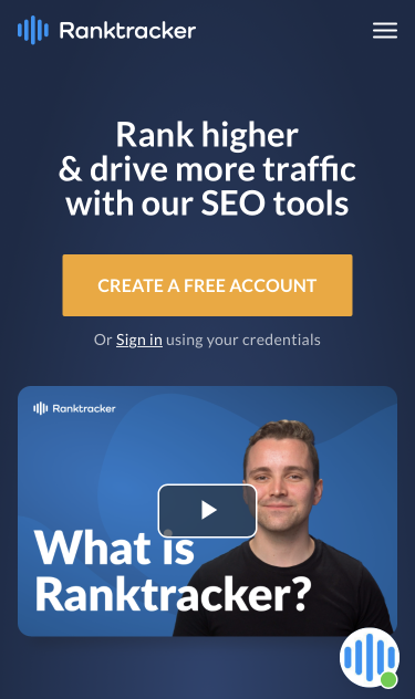 Ranktracker’s homepage on a mobile device
