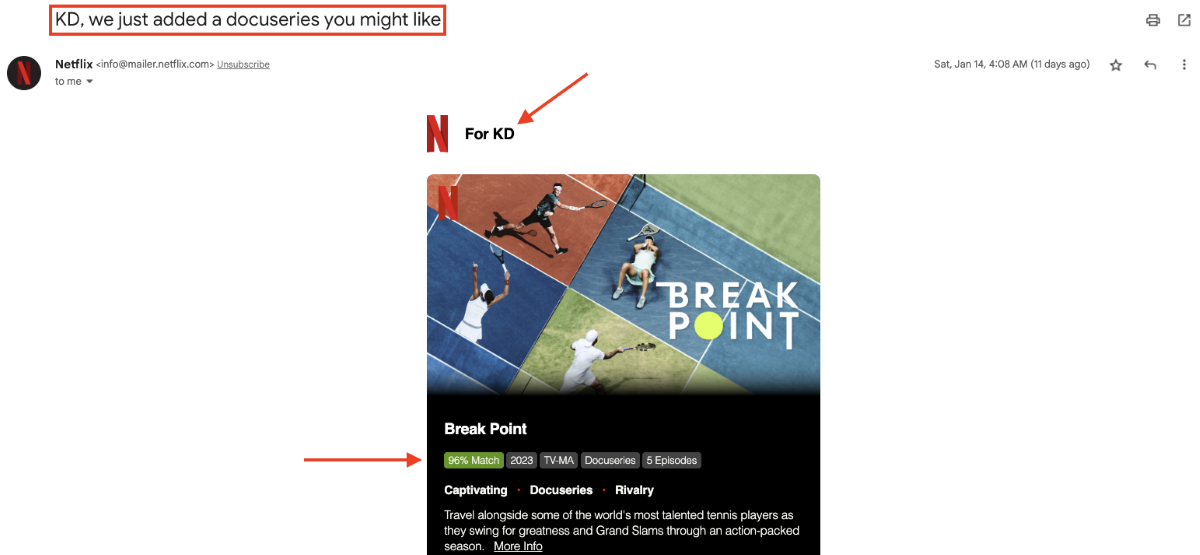 Personalized emails from Netflix