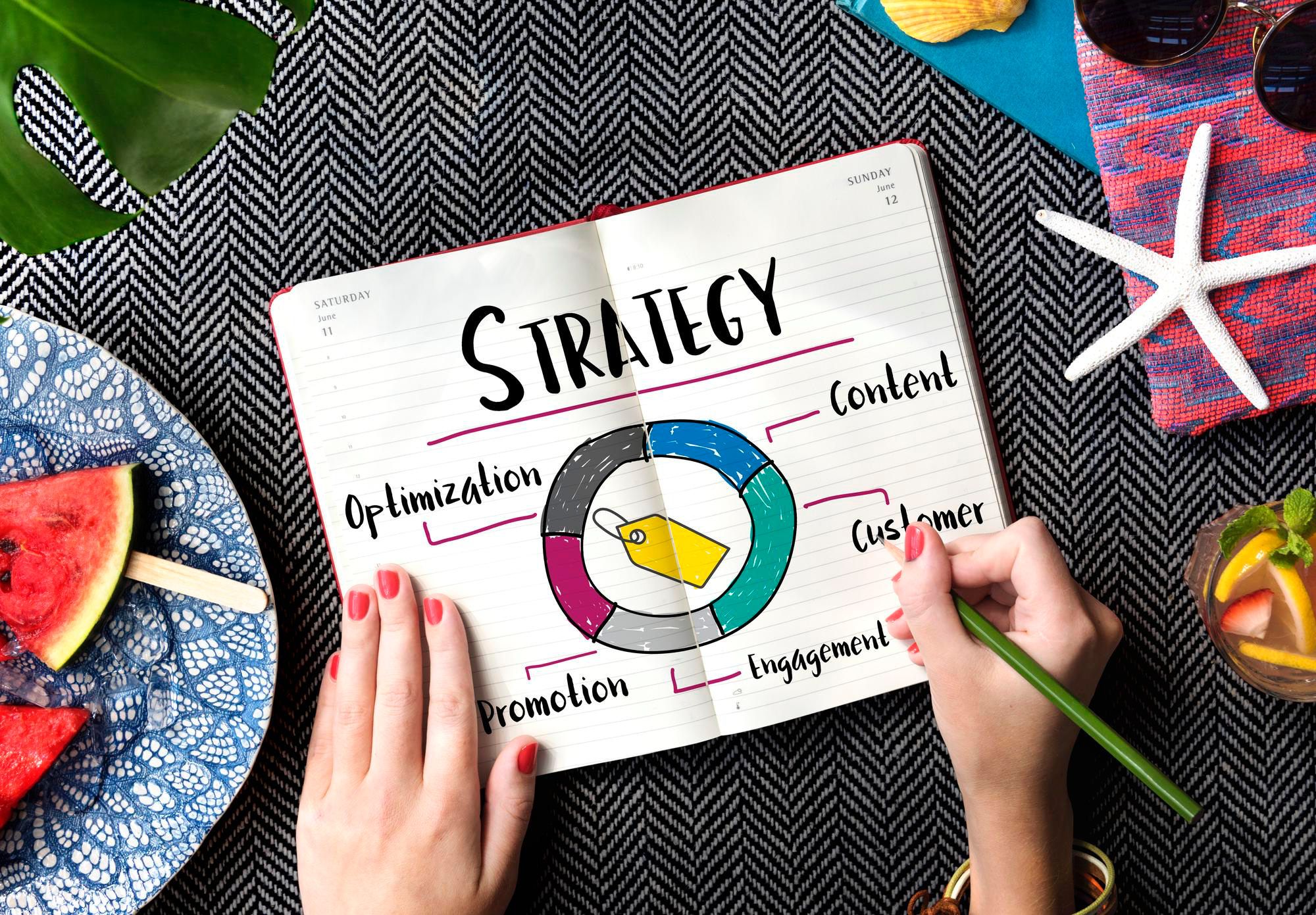 A top view of a notepad with a marketing strategy concept