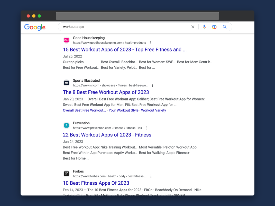 Screenshot of the Google search results for “workout apps”