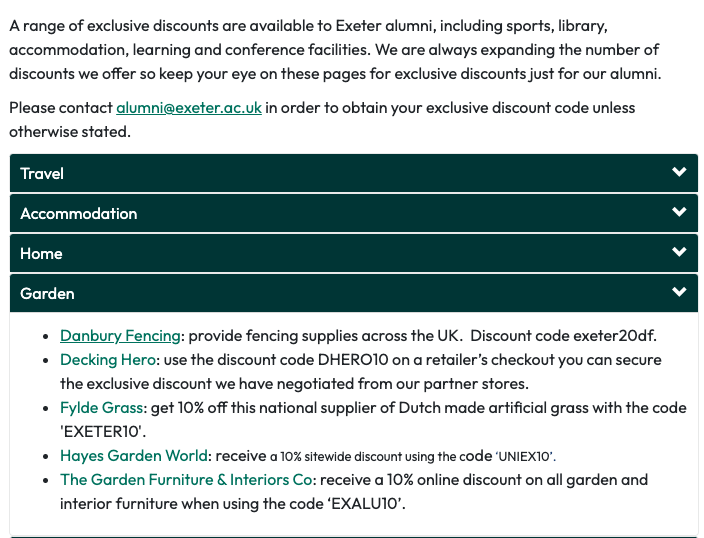 An alumni discount page from Exeter University