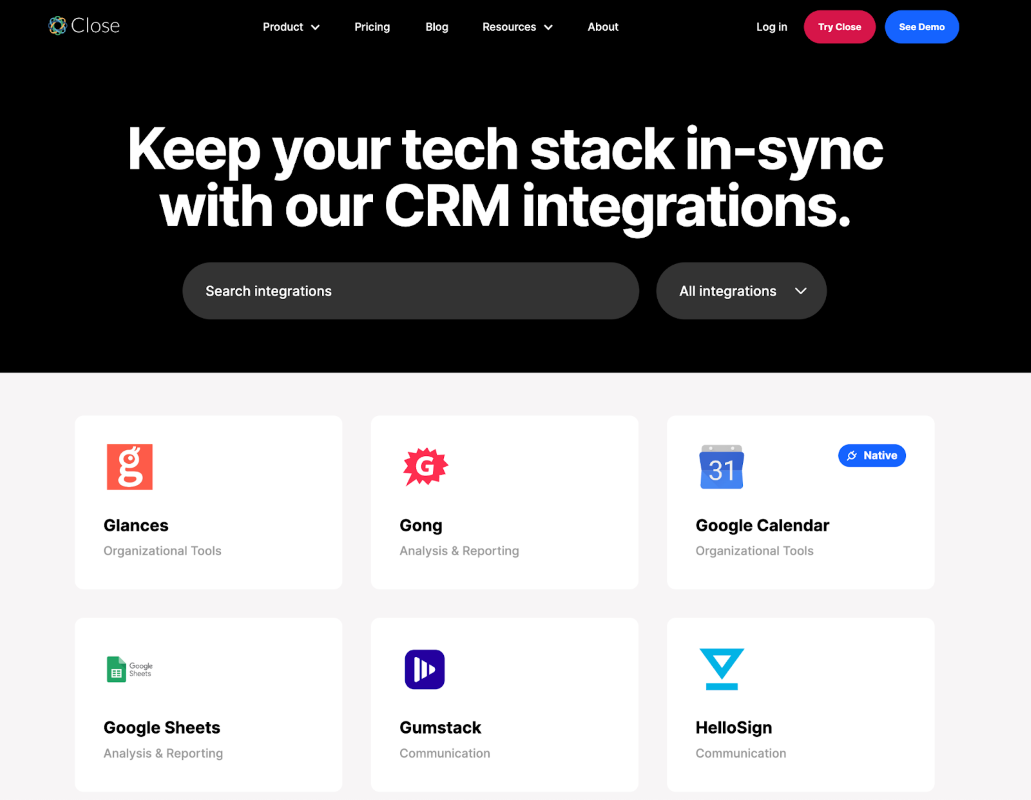 Close’s integration page