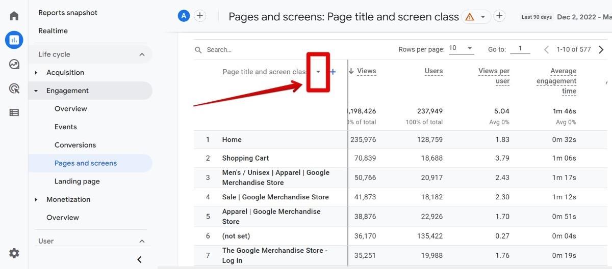 Clicking the dropdown arrow in pages and screens
