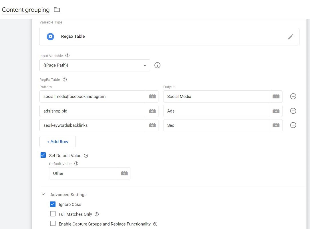 Content grouping configuration as Regex variable in GTM