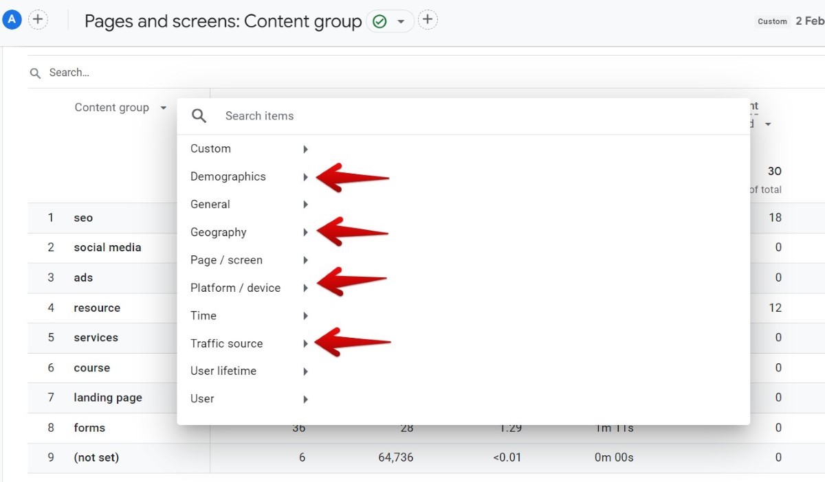Pages and screens secondary dimensions