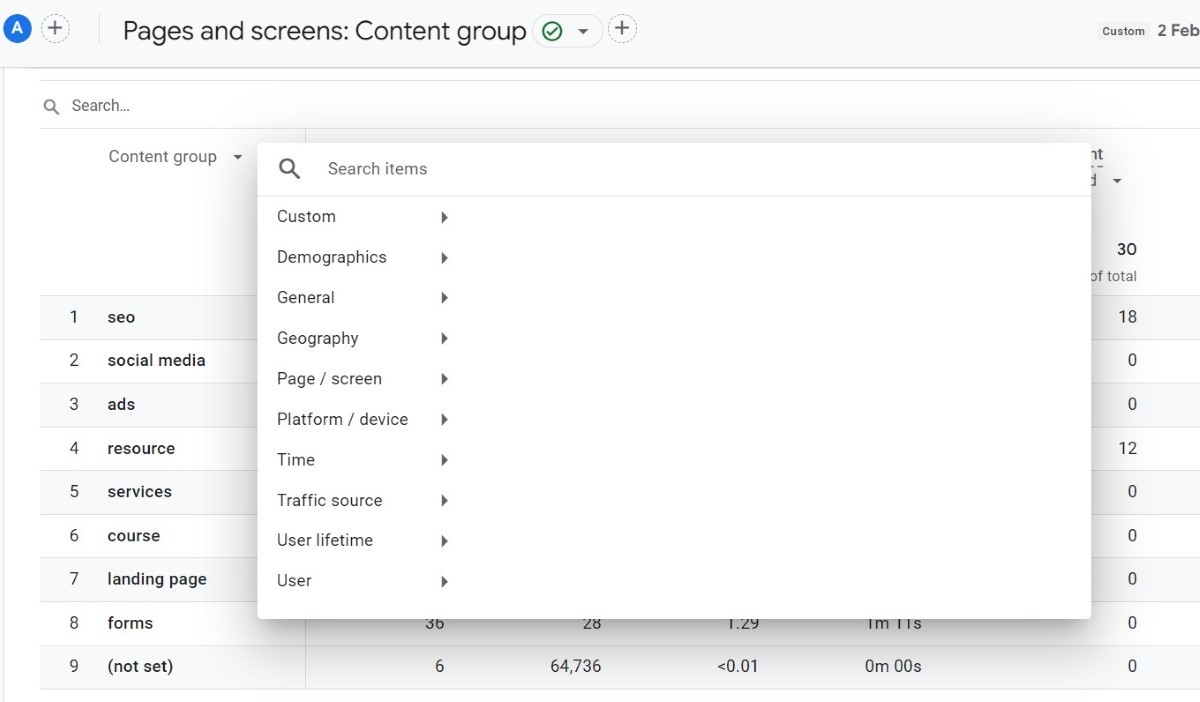 Pages and screens secondary dimensions