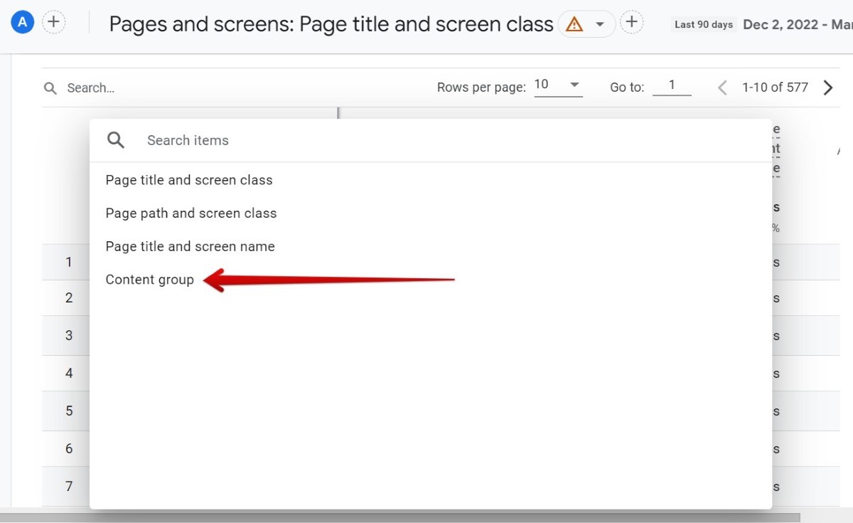Selecting content group as a dimension