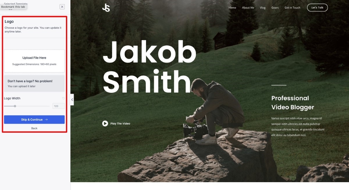 As soon as you click a template, you will see the logo customizer option in the sidebar.