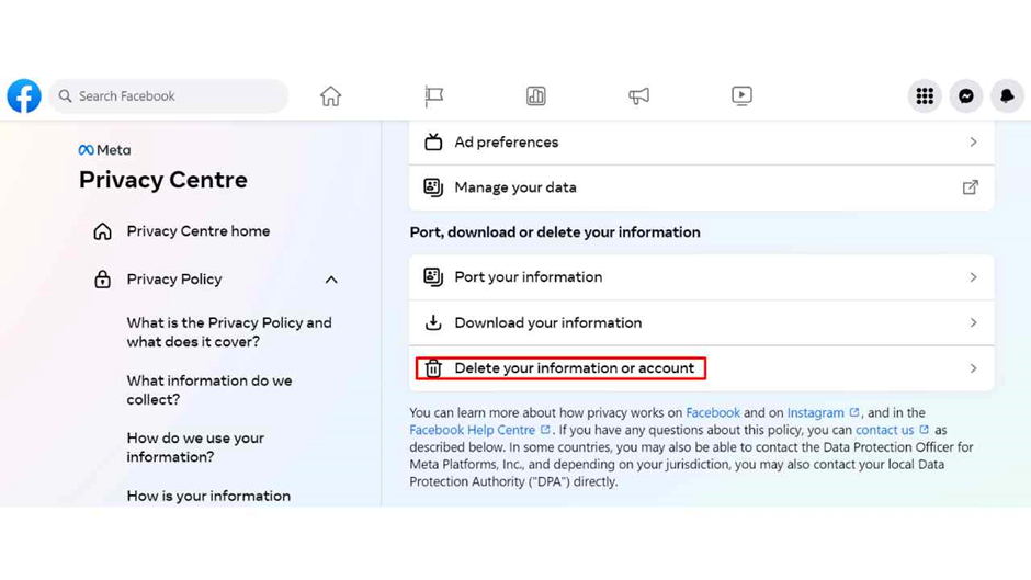 delete your information or account