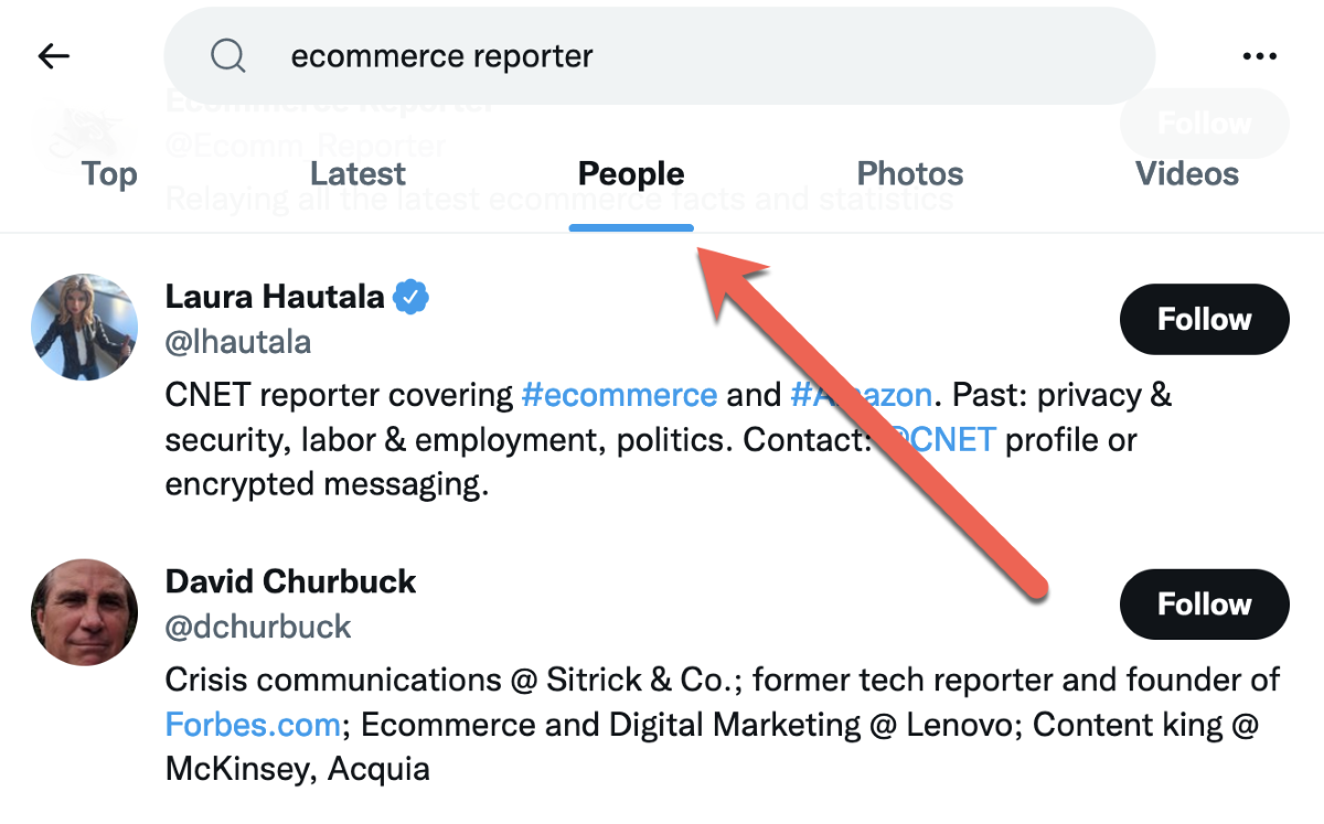 You can search for People on Twitter, so you can type your keyword in combination with journalist, reporter or blogger