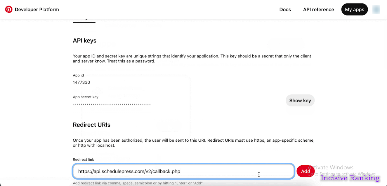 Retrieve your Pinterest API keys