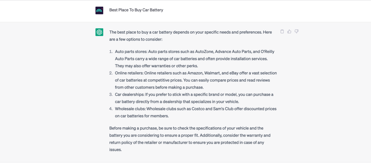 ChatGPT prompt: Best place to buy car battery