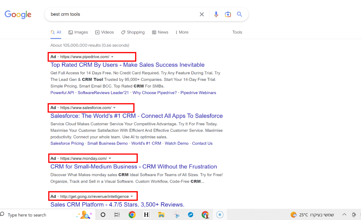 Here is an example of how an SEM ad would appear on a Google search results page