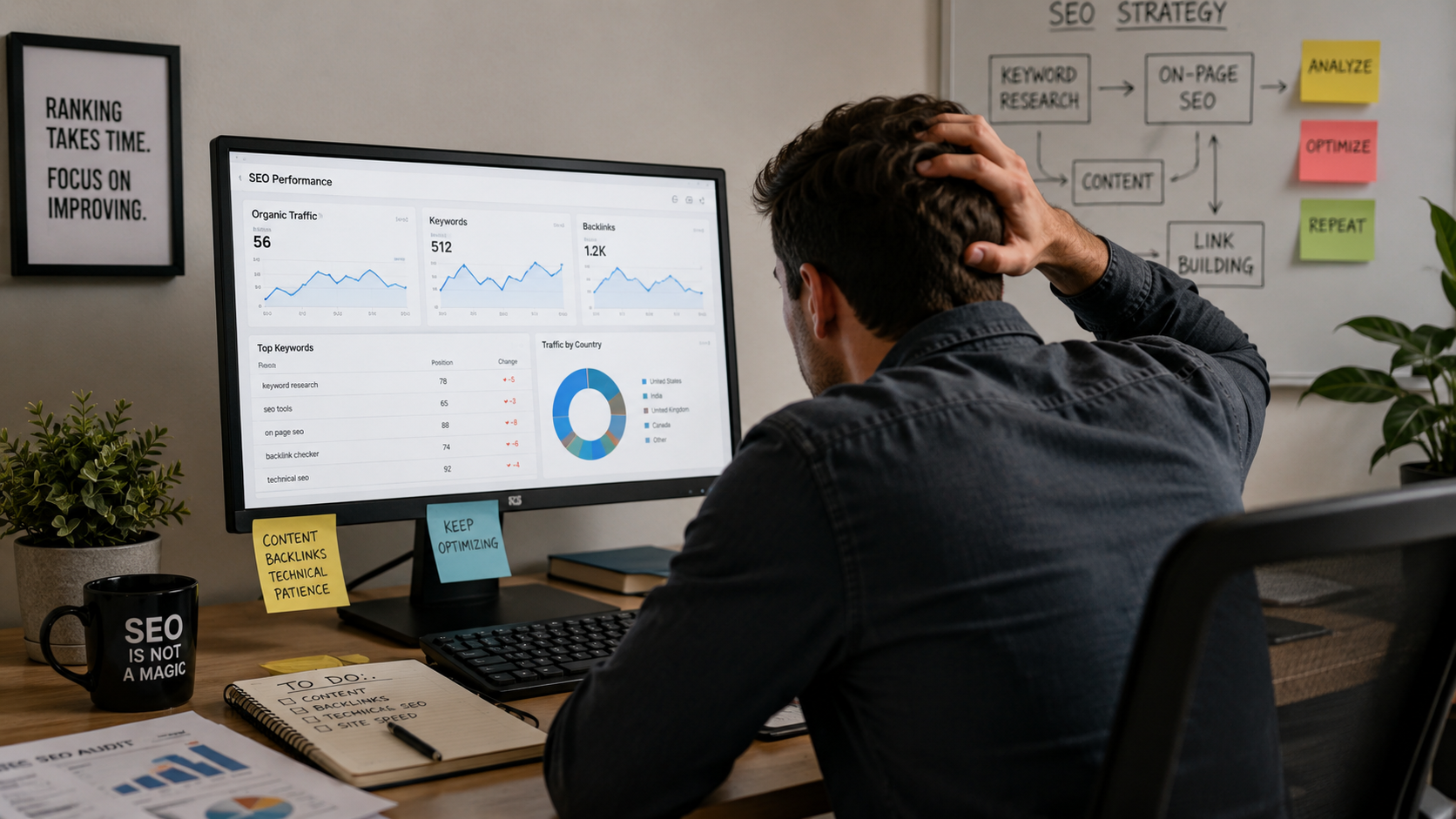 Person sitting and scratching his head struggling to make his website or platform to rank