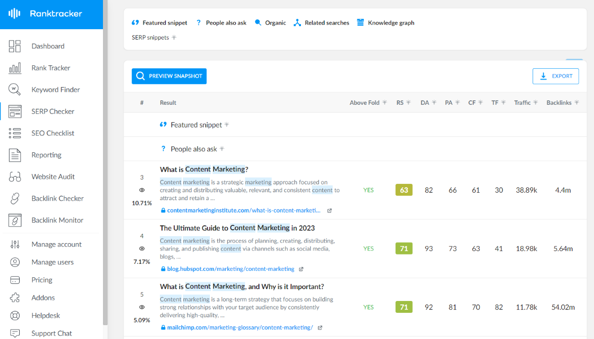 Screenshot of Ranktracker’s SERP checker tool