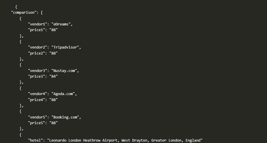Price Comparison Data Result in JSON format
