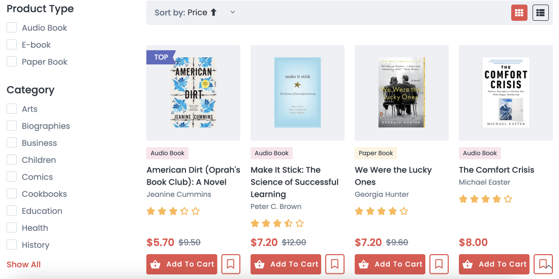 product sorting and filtering feature
