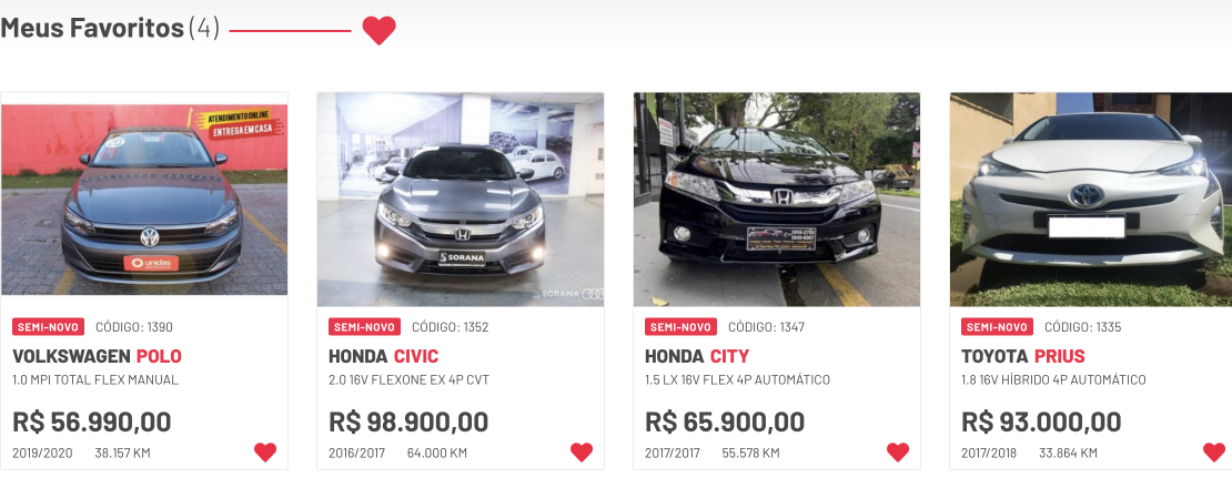 wishlist page on a car dealer website