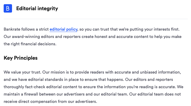 Take a peek at Bankrate's editorial integrity details