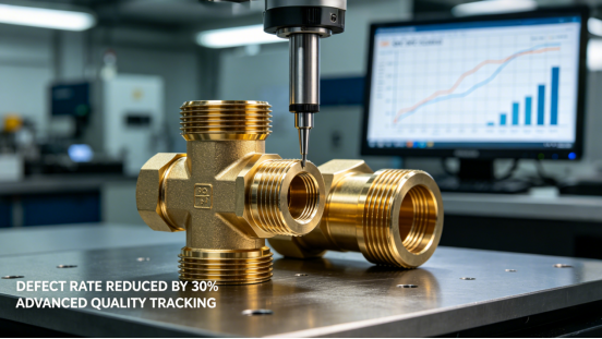 CMM probe inspecting a precision brass fitting with a monitor displaying SPC data charts, demonstrating a 30% defect rate reduction through advanced metrics