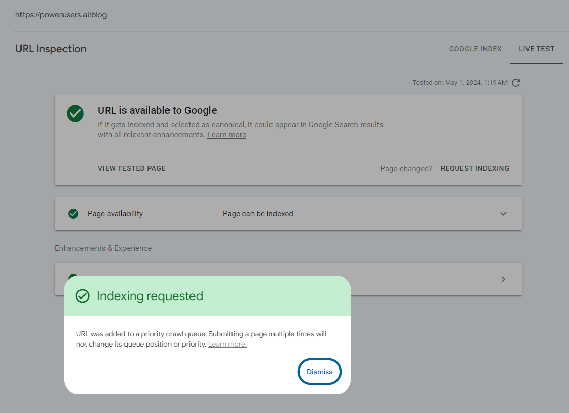 Request Indexing Butto
