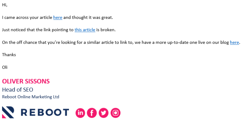 Quick example of what a very basic broken link building email might look like