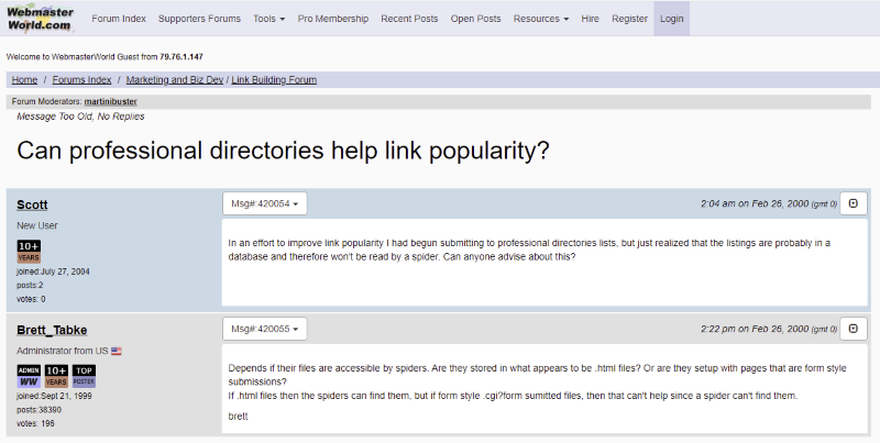 Thread on WebmasterWorld discussing if directory links can be crawled and help SEO efforts