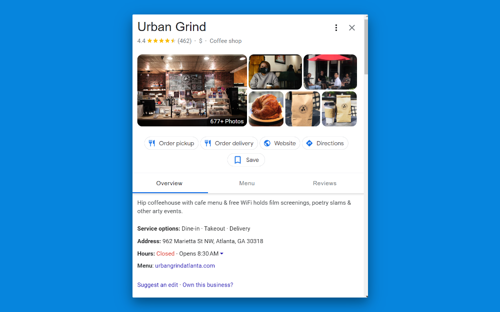 Example of a Coffee Shop Google Business Profile
