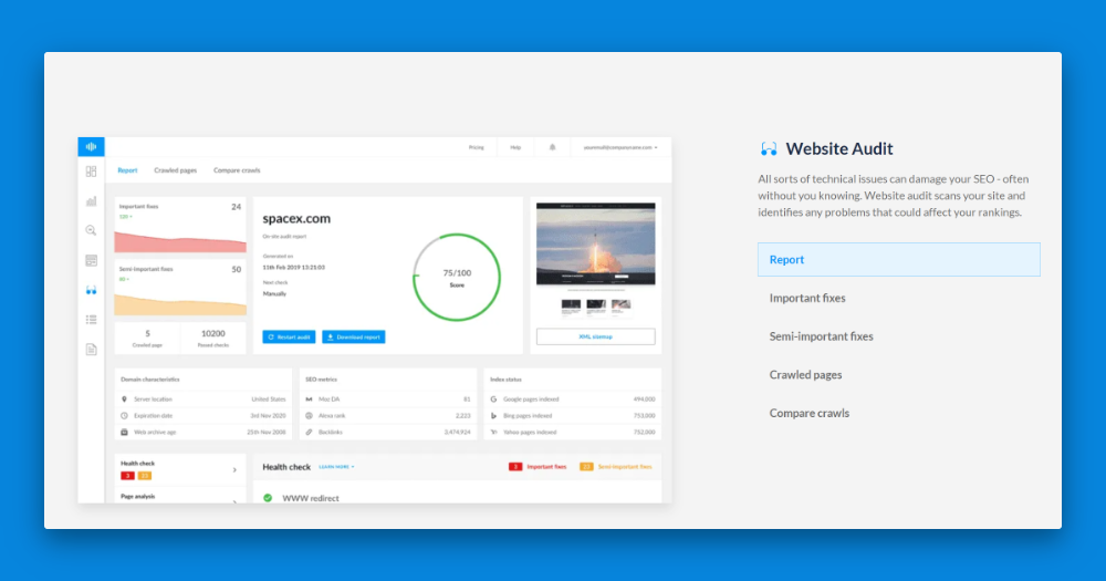 Information on Ranktracker’s website audit feature