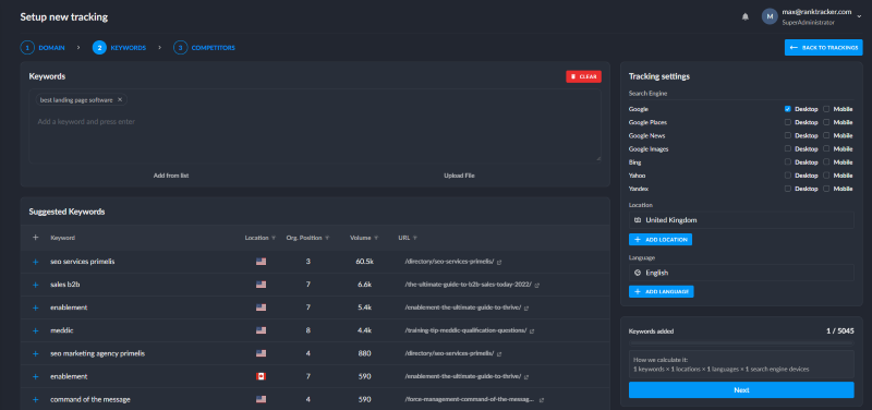 Rank Tracker - set up new tracking - Step 2